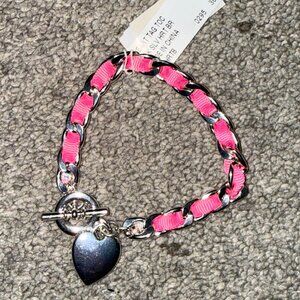Silver Chain and Pink Ribbon Heart Charm Toggle Bracelet- New